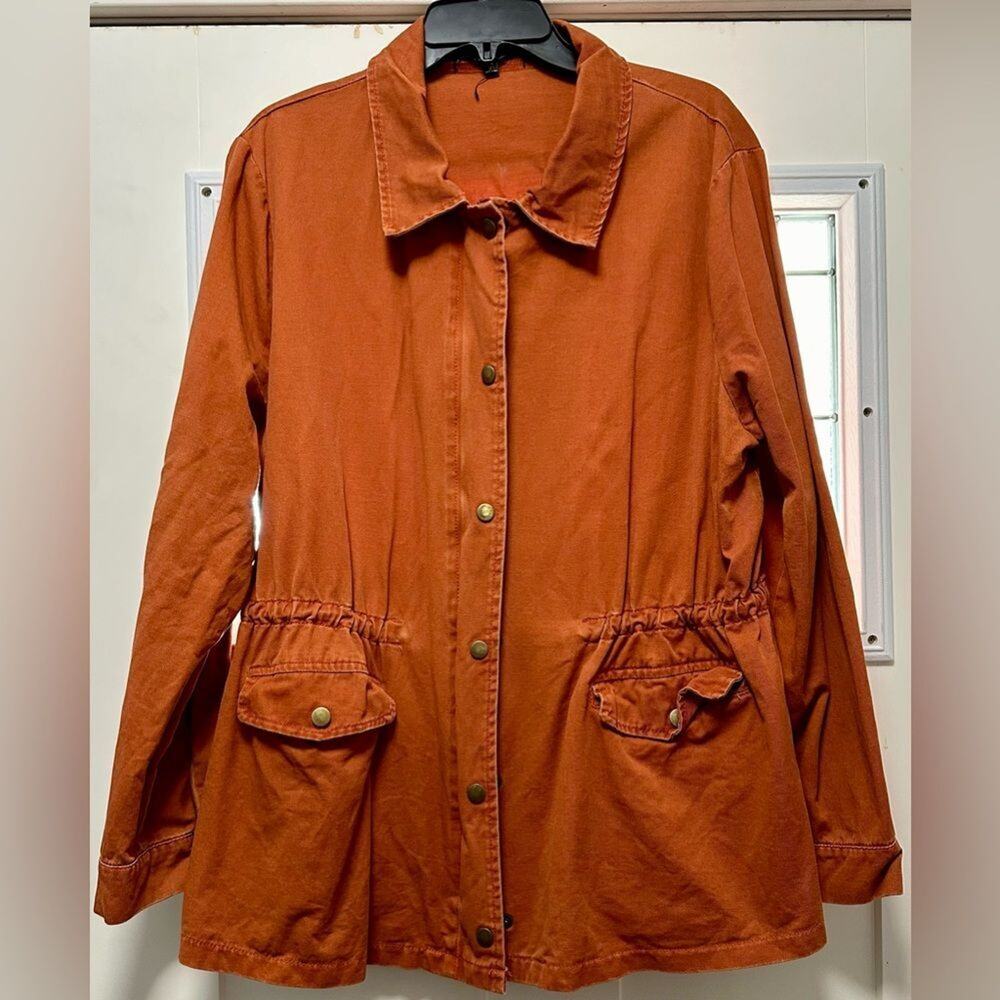 Allegra K Orange Denim-Type Jacket Size XL Pockets Drawstring